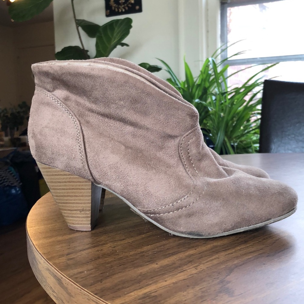 Faux suede stacked heel booties • Grayish Tan • 7.5 - 7 1/2